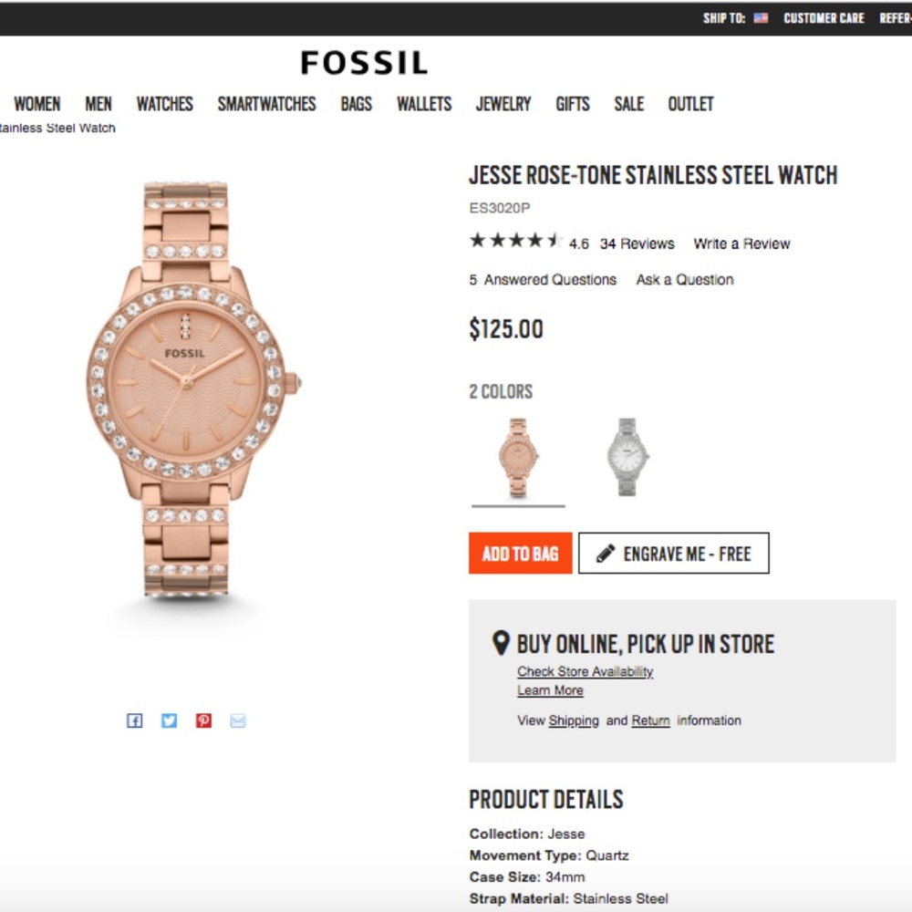 Jesse Rose-Tone Stainless Steel Fossil Watch